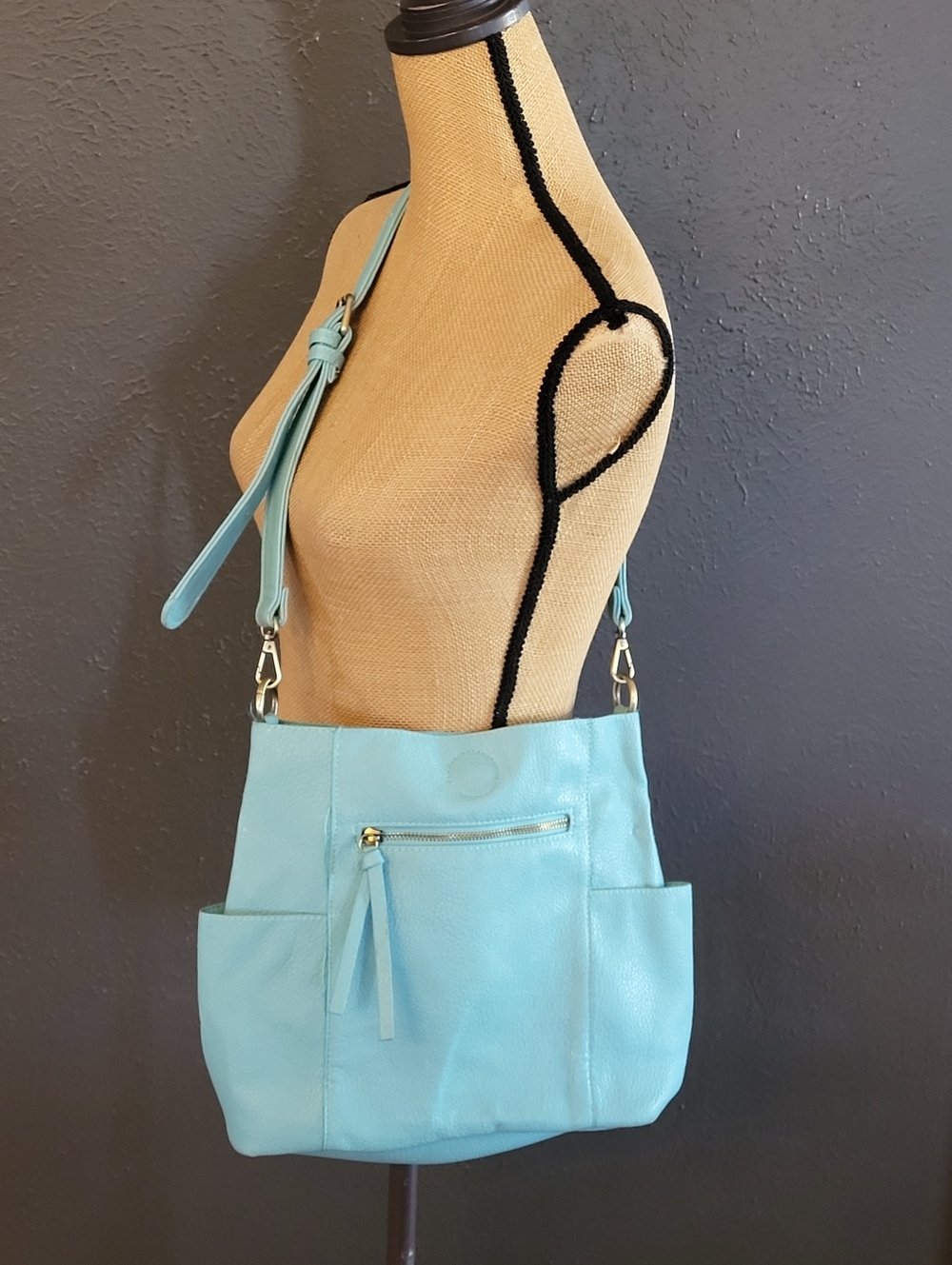Kayleigh Side Pocket Bucket Bag Aquamarine Pebbled Vegan Leather